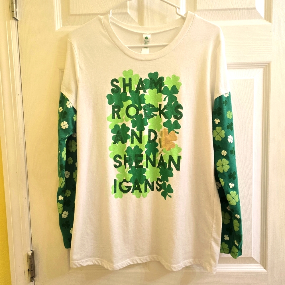 White and Green Long Sleeve Tee with St. Patrick's Day Design